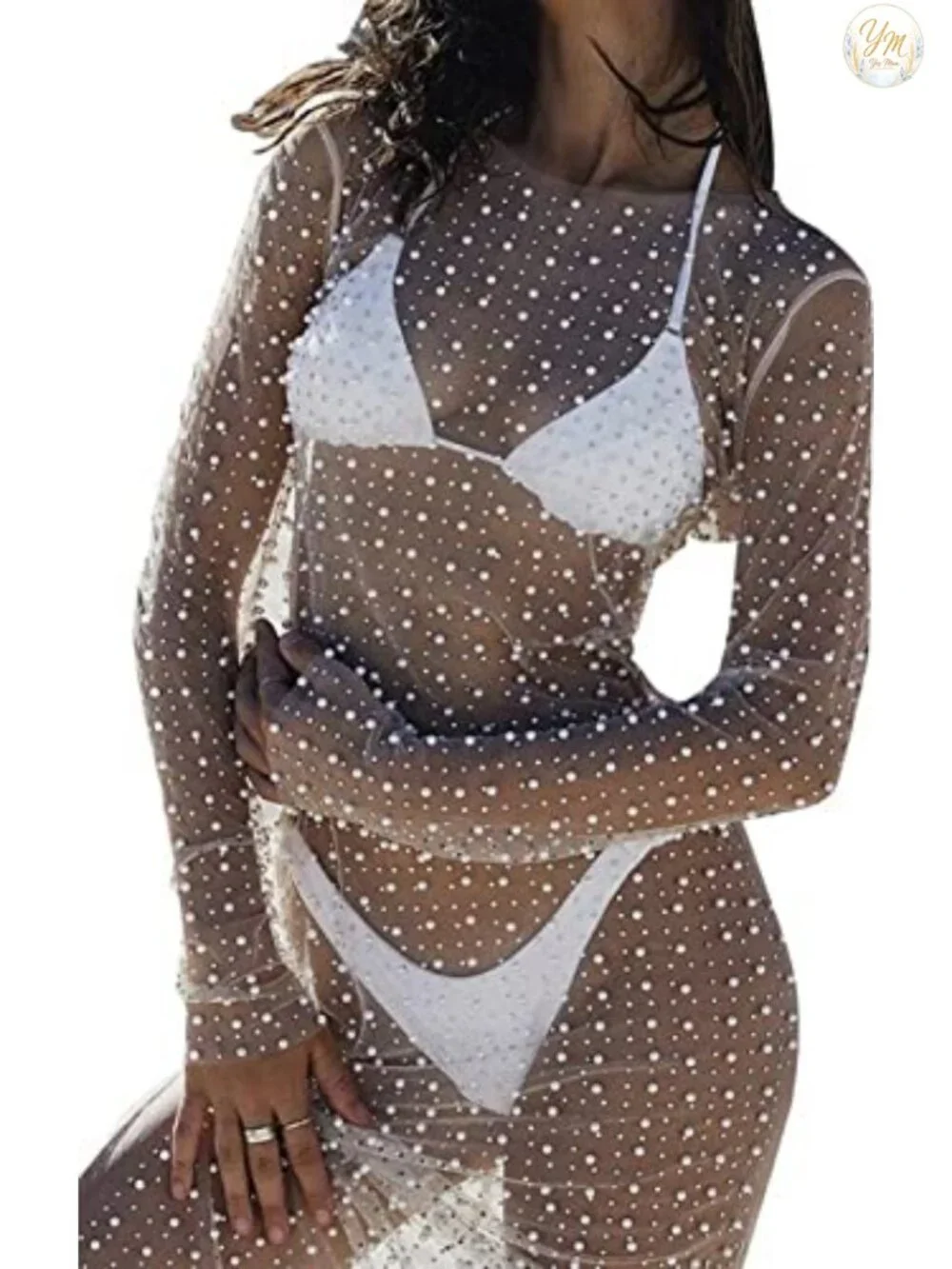 Sheer Mesh Rhinestone Cover Up Beach Dress Swimsuit Bikini Bathing Suit